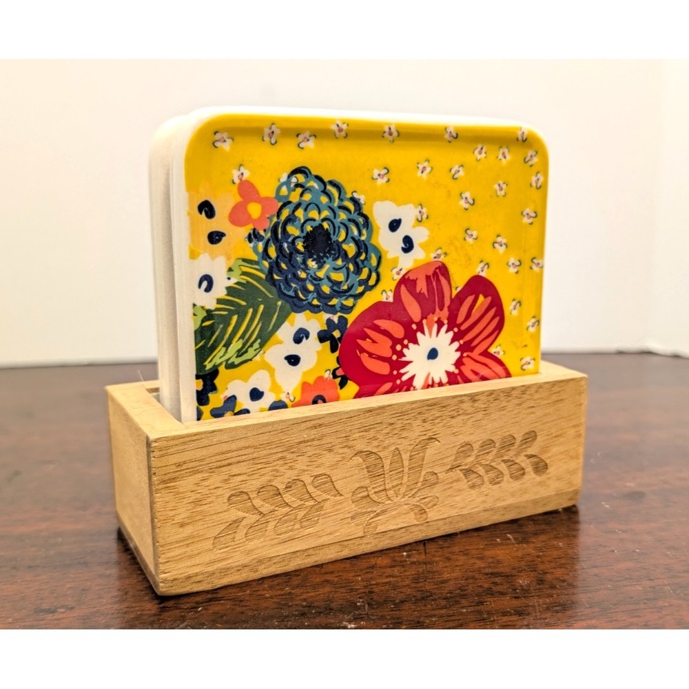 Pioneer Woman Floral Ceramic Coaster Set of 4 with Wood Holder Cork Back